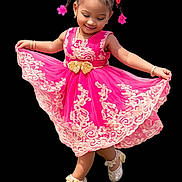 Malia joined the competition — help win amazing prizes! black_background, celebration, child, cute, dance, dress, fashion, footwear, girl, gold, hair_bows, happy, joy, lace, pink, portrait, pose, shoes, smile, toddler