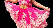 black_background, celebration, child, cute, dance, dress, fashion, footwear, girl, gold, hair_bows, happy, joy, lace, pink, portrait, pose, shoes, smile, toddler