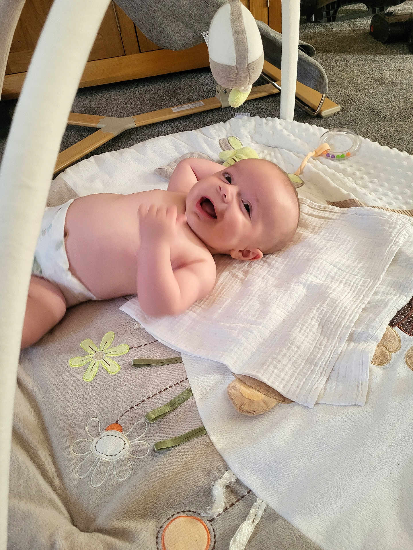 Dexter joined the competition — help win amazing prizes! baby, infant, smiling, diaper, playmat, plush_toy, indoors, carpet, happy, child, cute, person, blanket, floor, head, toy, smile, skin, baby_play_gym, baby_toys