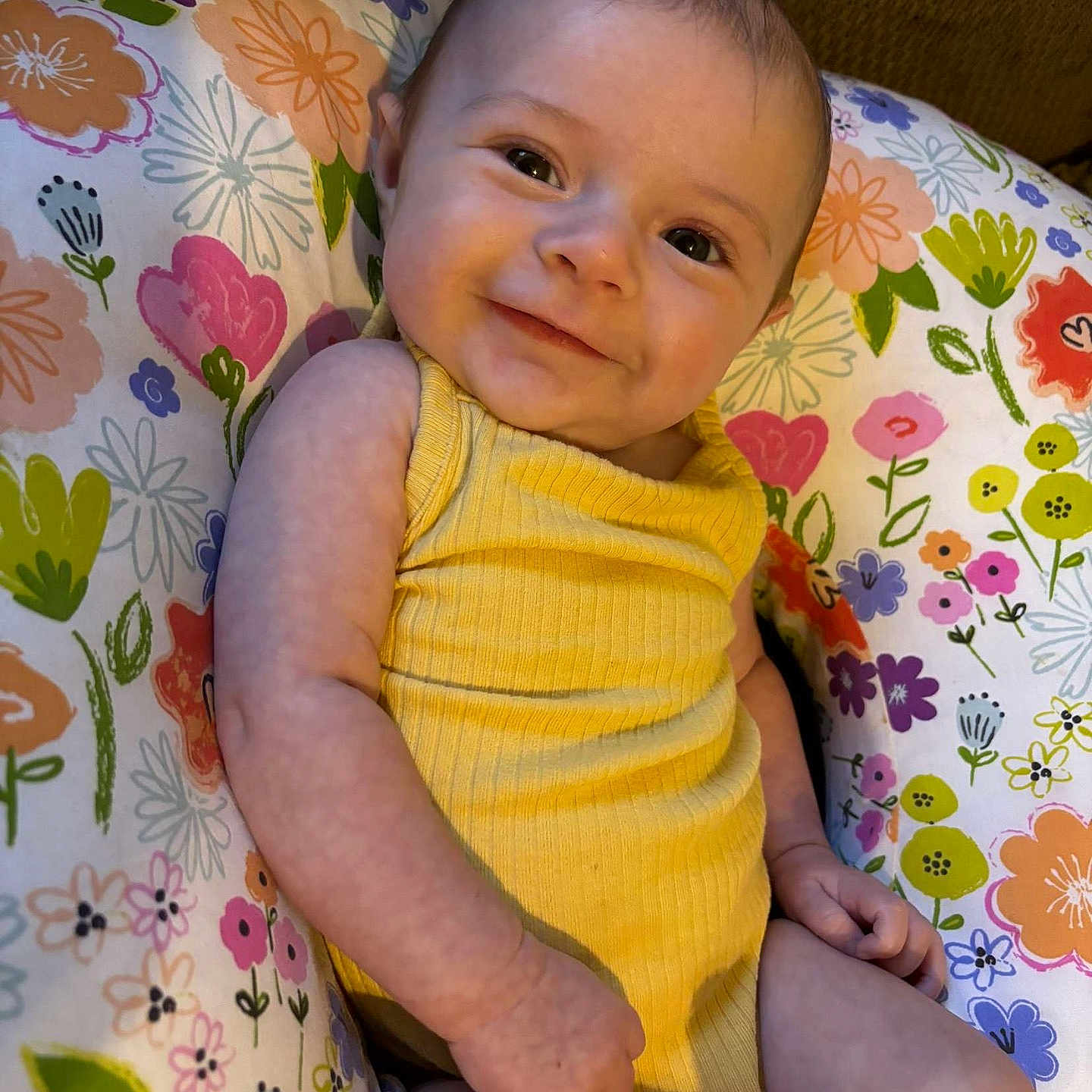 Ava joined the competition — help win amazing prizes! baby, babylaughing, clothing, couch, cushion, face, furniture, happy, head, homedecor, newborn, person, photography, portrait, sitting, sleeve, smile, standing