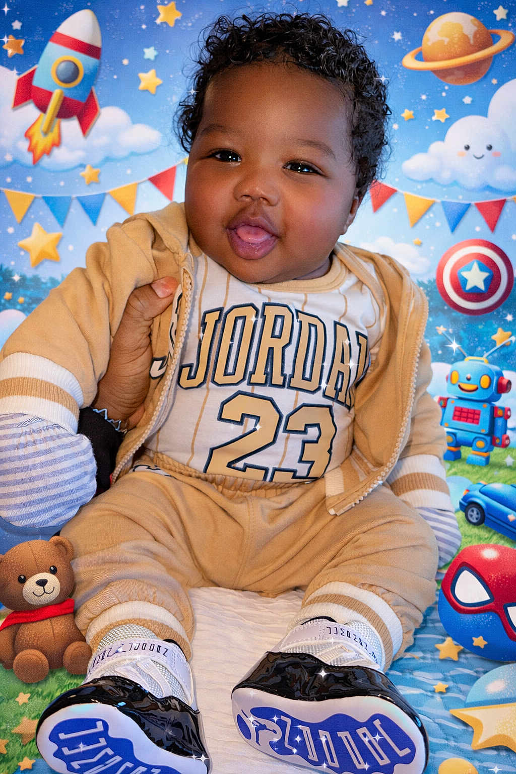 Jayceon joined the competition — help win amazing prizes! baby, child, clothing, colorful_background, curly_hair, cute, hand, happy, indoor, jordan, planet, playful, portrait, rocket, sitting, smiling, sneakers, stars, teddy_bear, toy_robot