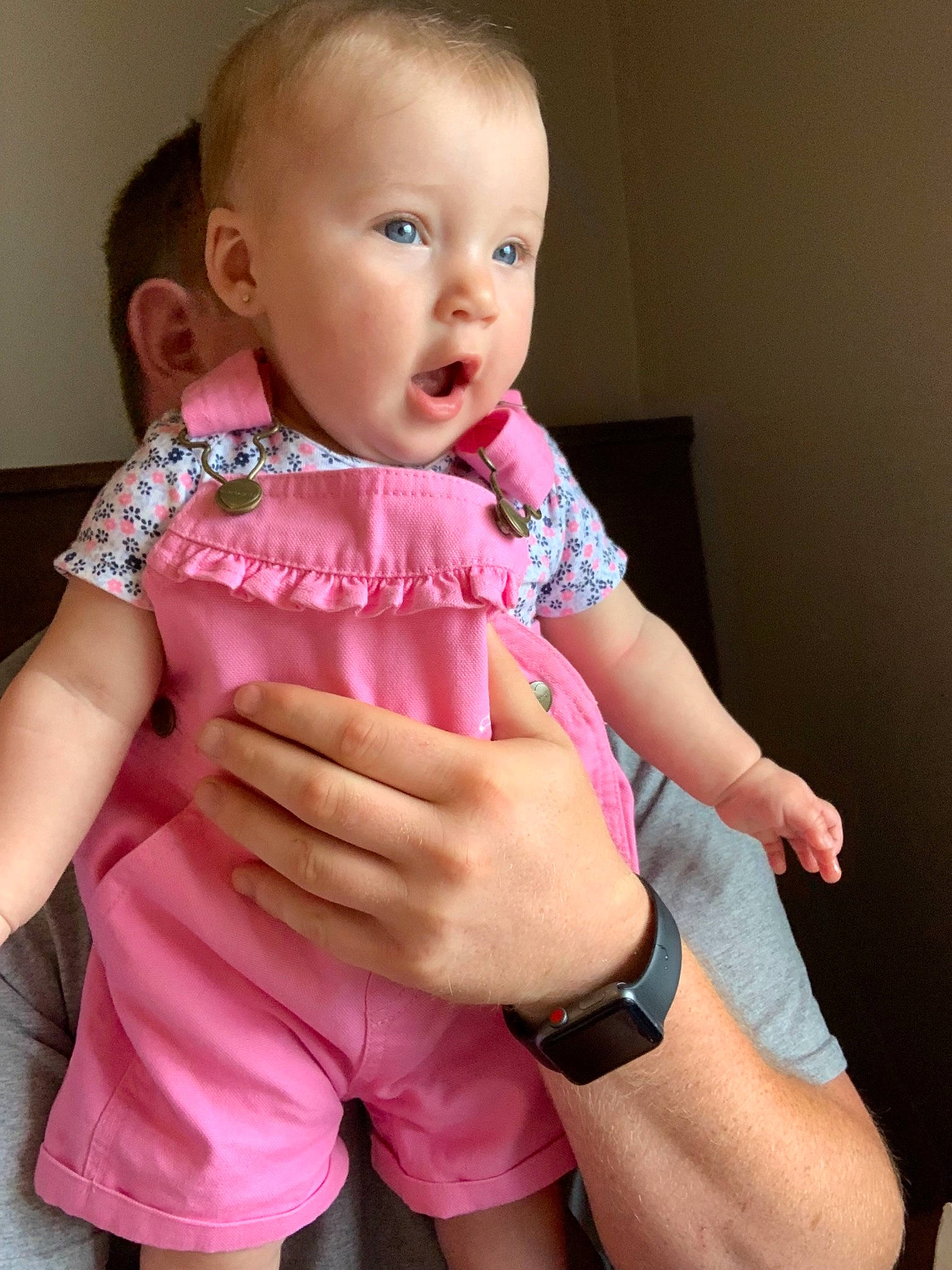 Skylin is registered to the contest to win money with this photo: baby, baby_products, baby_toddler_clothing, cheek, child, finger, hand, person, pink, play, product, sitting, skin, surprise, thumb, toddler