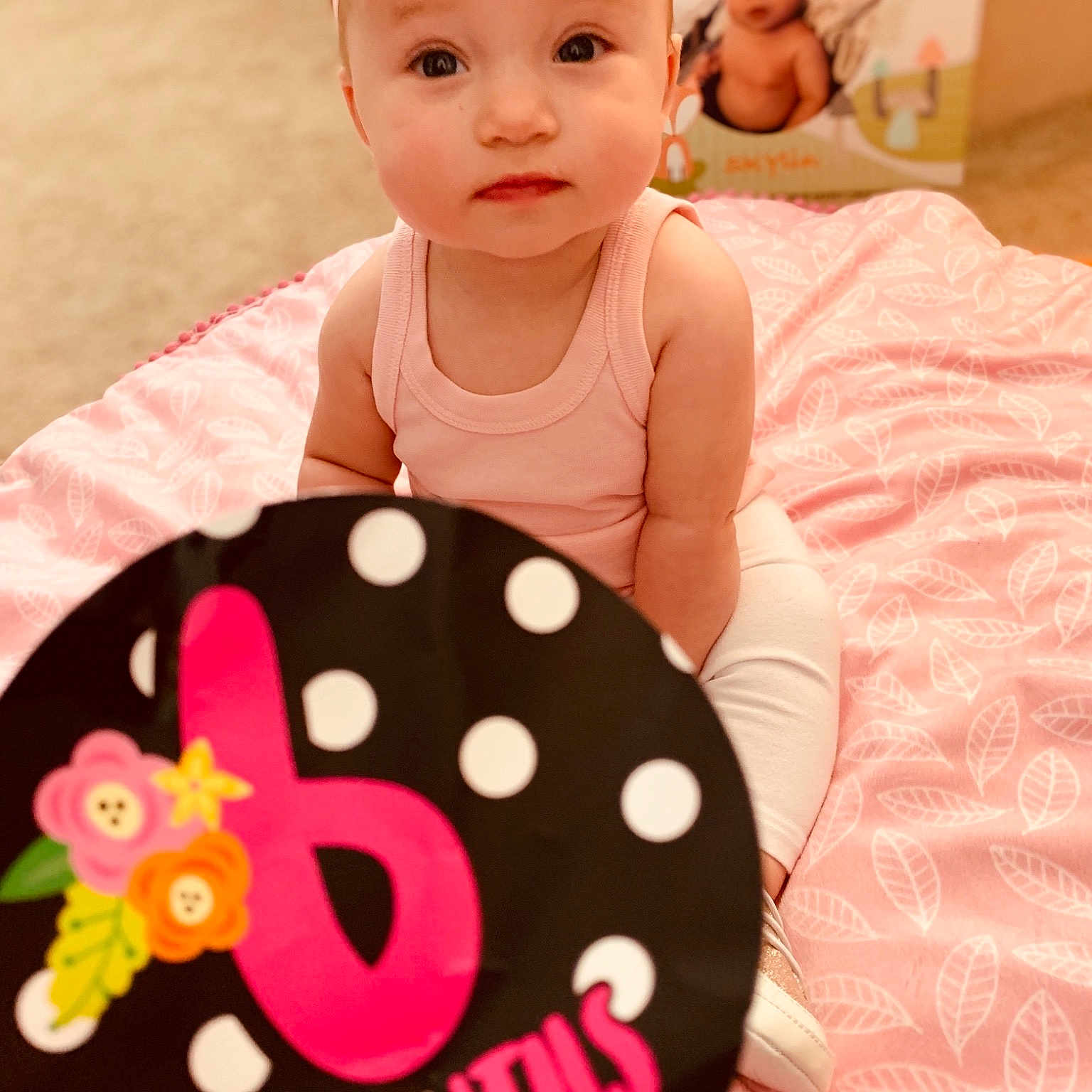 Skylin joined the competition — help win amazing prizes! baby, baby_toddler_clothing, blurred, child, design, ear, head, linens, neck, pattern, person, pink, play, polka_dot, room, textile, toddler