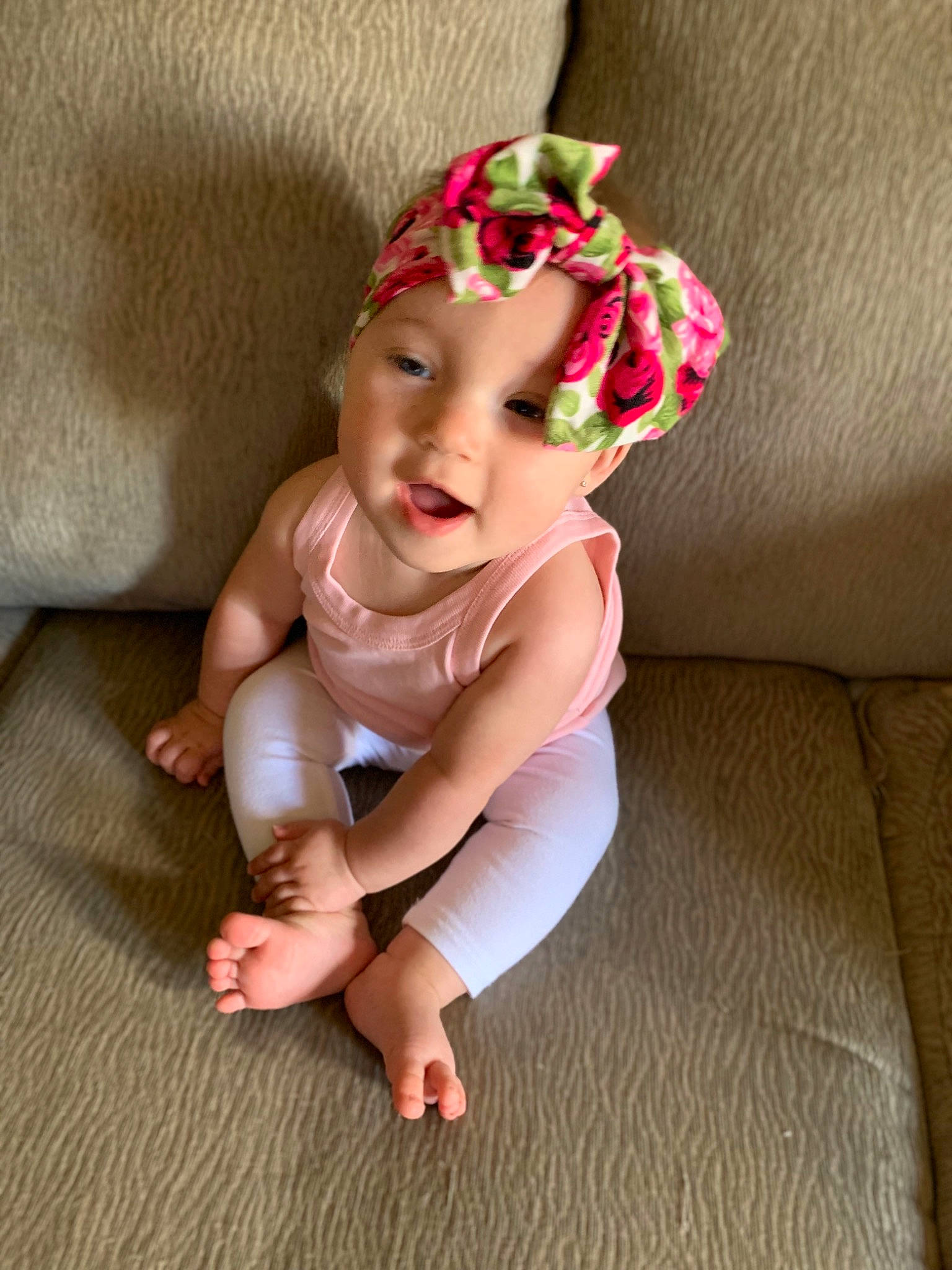 Skylin joined the competition — help win amazing prizes! baby, baby_bloomers, baby_toddler_clothing, child, fashion_accessory, hair_accessory, headband, headgear, headpiece, person, pink, play, sitting, skin, smile, toddler