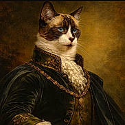 Shiro a rejoint le concours — aidez-le/la à gagner de superbes lots ! cat, blue_eyes, portrait, regal, aristocratic_clothing, ruffled_shirt, chain, 18th_century_style, costume, animal_portrait, feline, dressed_up, noble, historical_style, luxury, classic_painting_style, brown_background, fur, whiskers, closeup