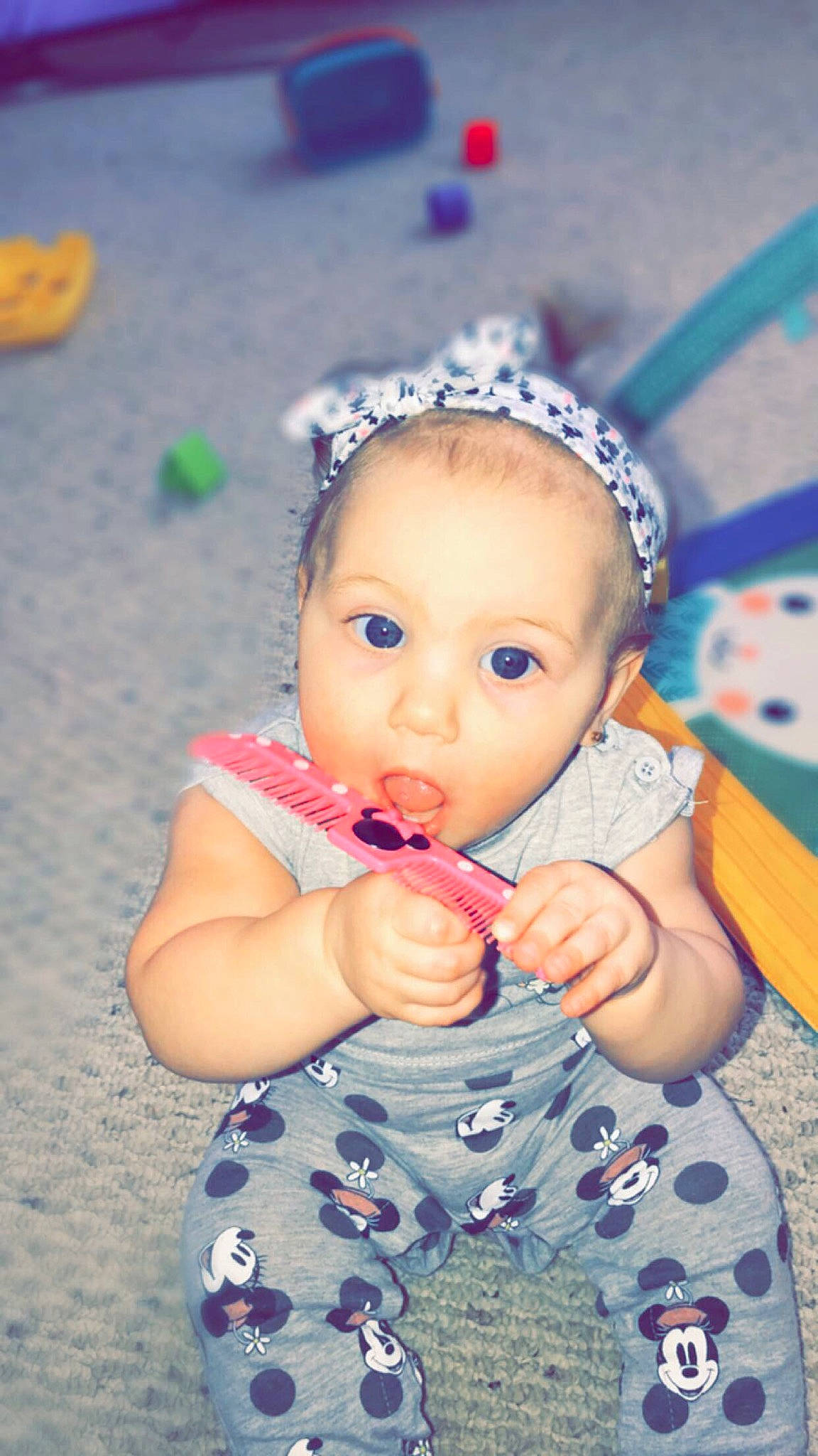 Frankie joined the competition — help win amazing prizes! baby, cheek, child, fashion_accessory, fun, hair_accessory, headband, headgear, person, pink, play, skin, smile, surprise, toddler