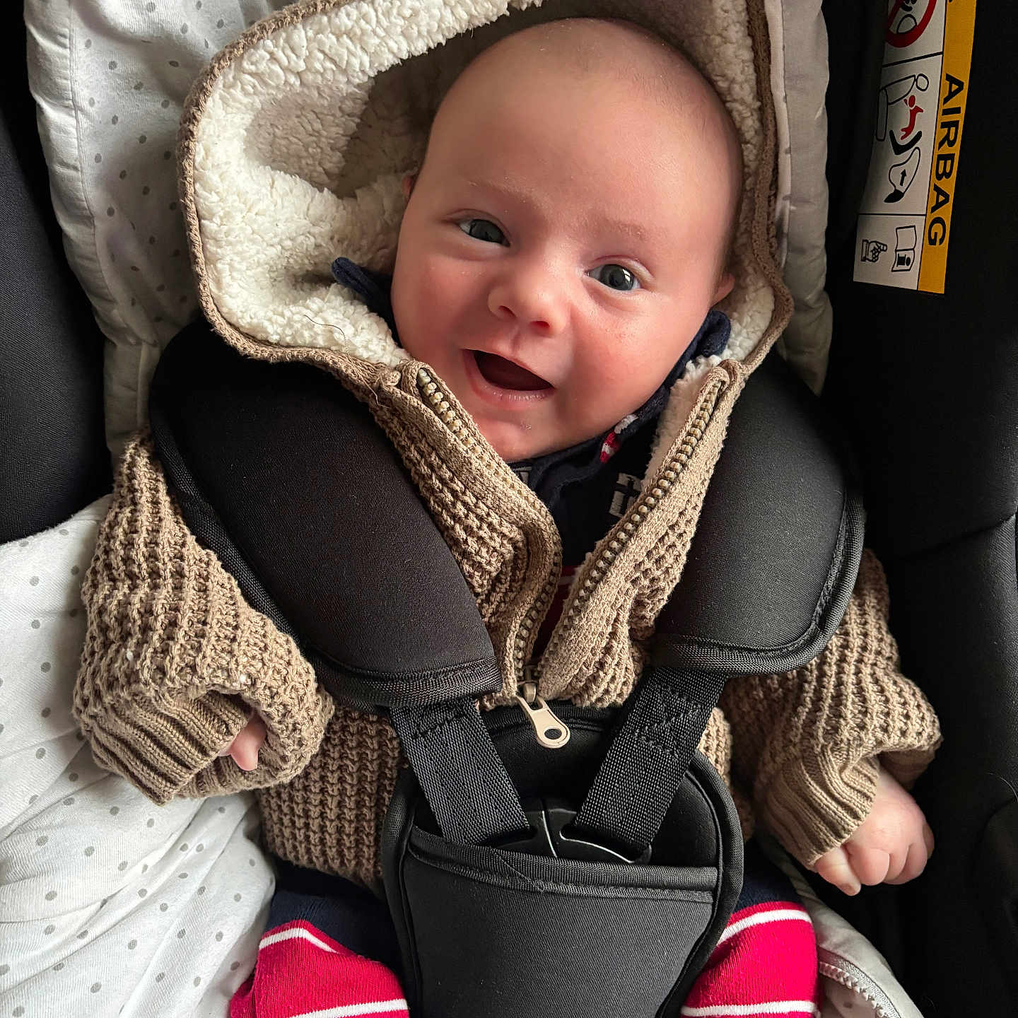 Maylo participe au concours pour gagner de l'argent avec cette photo : baby, blanket, candid, car_seat, child, closeup, cozy, cute, face, happy, hood, indoor, infant, knitted_jacket, person, portrait, safety, seatbelt, smiling, warm_clothing