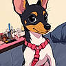 Mia is registered to the contest to win money with this photo: animated, big_eyes, black, brown, cartoon, clutter, couch, cute, dog, domestic, ears, funny, household_items, indoor, pet, pink_harness, portrait, sitting, table, white