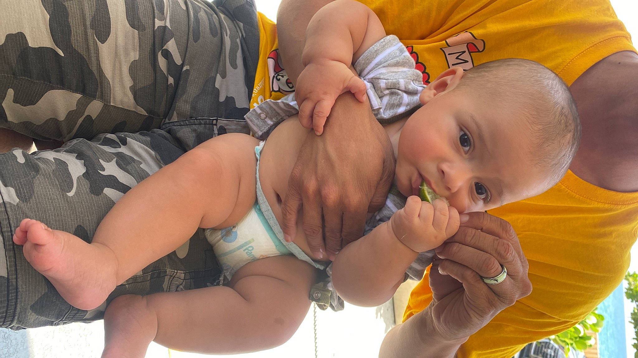 Logan is registered to the contest to win money with this photo: abdomen, baby, baby_products, camouflage, chest, child, comfort, fun, grass, happy, human_leg, knee, military_camouflage, muscle, navel, person, sitting, thigh, thumb, toddler