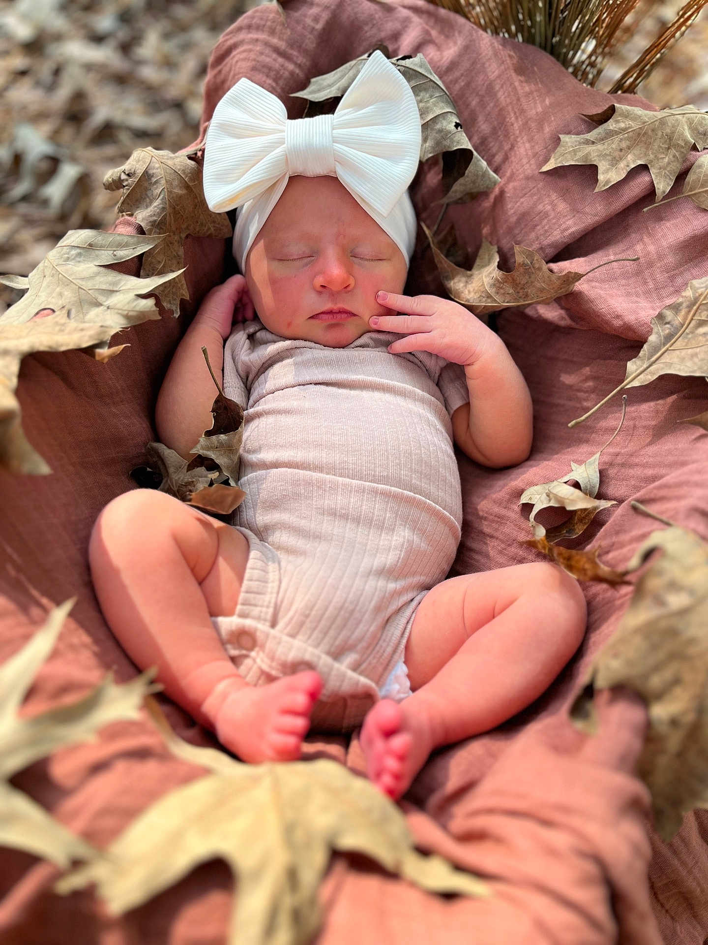 Wrenlee is registered to the contest to win money with this photo: baby, infant, sleeping, bow, headband, blanket, autumn, leaves, outdoor, soft_fabric, peaceful, cute, skin, small_hands, small_feet, natural_light, portrait, child, cozy, seasonal