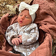 Wrenlee is registered to the contest to win money with this photo: baby, infant, bow, headband, blanket, autumn, leaves, outdoor, fall, cozy, clothing, pattern, cute, newborn, portrait, child, nature, soft, warm, resting