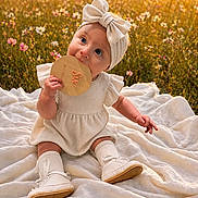 Wrenlee is registered to the contest to win money with this photo: baby, baby_clothes, blanket, bow, child, cute, field, grass, headband, infant, nature, outdoor, portrait, shoes, sitting, smiling, socks, sunset, wildflowers, wooden_sign