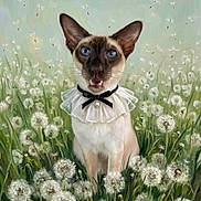 Koko De Moko is registered to the contest to win money with this photo: cat, siamese_cat, blue_eyes, animal, pet, portrait, sitting, collar, bow_tie, ruffle, white_clothing, dandelions, wildflowers, meadow, garden, greenery, outdoor, painterly, illustration, whiskers