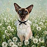 cat, siamese_cat, blue_eyes, animal, pet, portrait, sitting, collar, bow_tie, ruffle, white_clothing, dandelions, wildflowers, meadow, garden, greenery, outdoor, painterly, illustration, whiskers