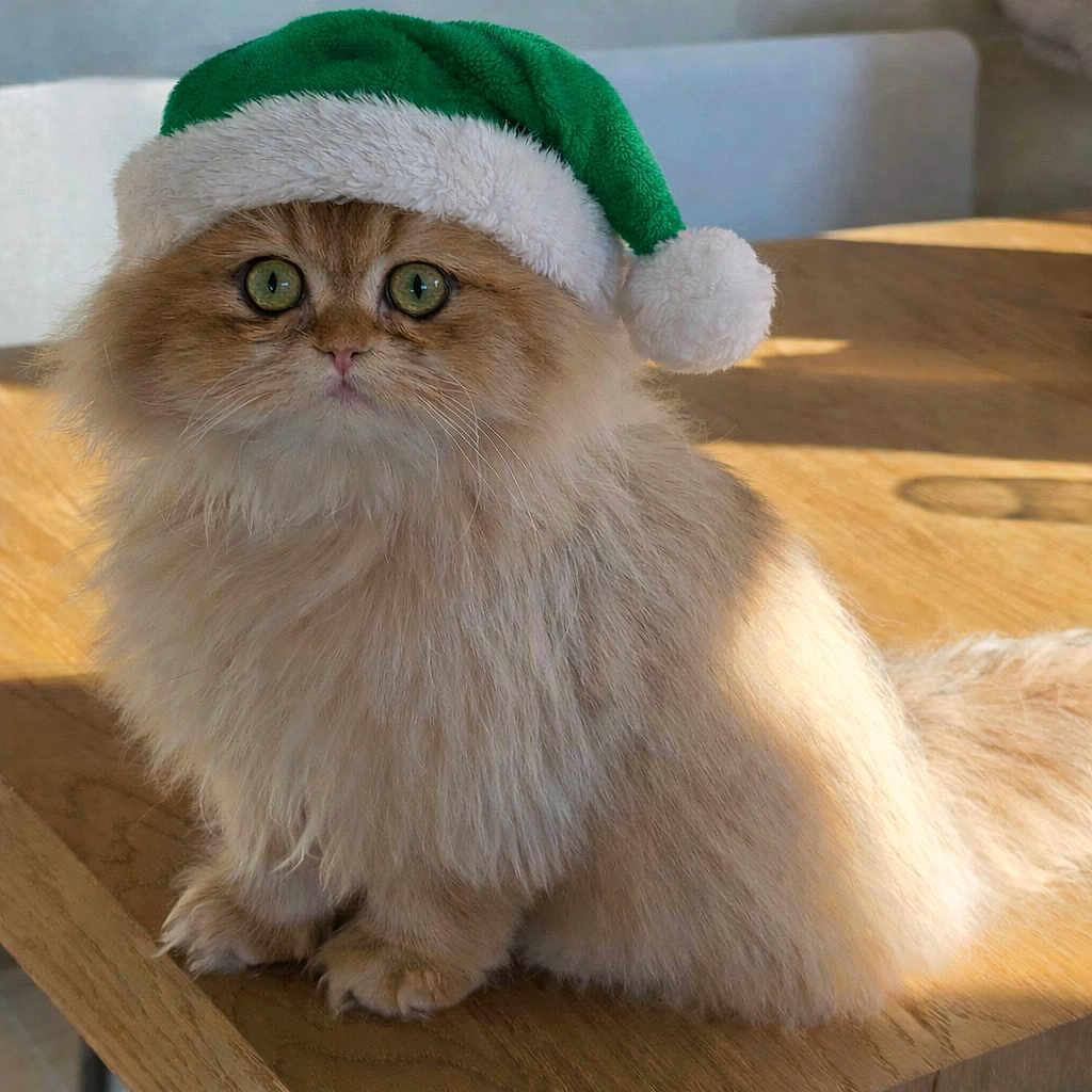 Axou a rejoint le concours — aidez-le/la à gagner de superbes lots ! adorable, animal, cat, christmas, curious, cute, domestic_animal, feline, festive, fluffy, fur, green_santa_hat, holiday, holiday_hat, indoor, pet, sitting, soft_light, wide_eyes, wooden_table