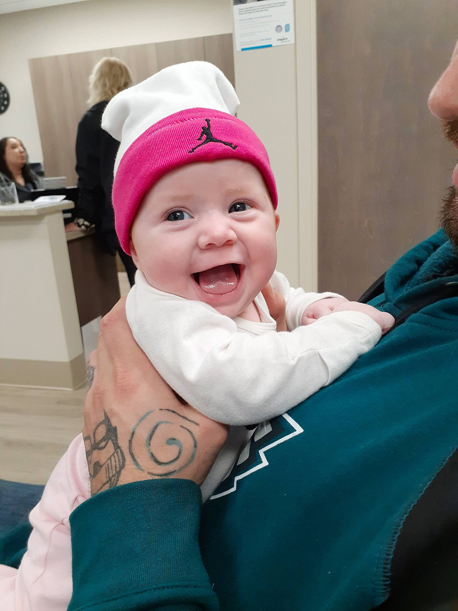 Kiley joined the competition — help win amazing prizes! baby, birth, cheek, child, ear, facial_expression, fun, happy, head, headgear, headwear, laugh, mouth, person, pink, skin, smile, toddler