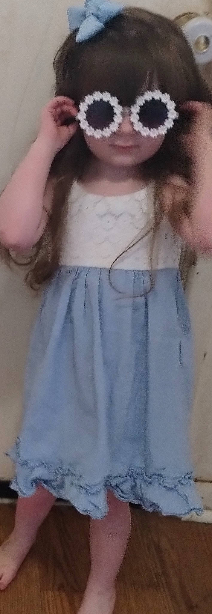 Mckenna is registered to the contest to win money with this photo: baby_toddler_clothing, clothing, day_dress, denim, dress, electric_blue, fashion_design, grey, leg, long_hair, one_piece_garment, pattern, person, pink, shoulder, sleeve, t_shirt, thigh, trunk, waist