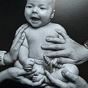 Henry is registered to the contest to win money with this photo: baby, infant, hands, black_and_white, smiling, naked, cute, portrait, human, skin, feet, fingers, parental_care, love, family, newborn, expression, support, togetherness, joy