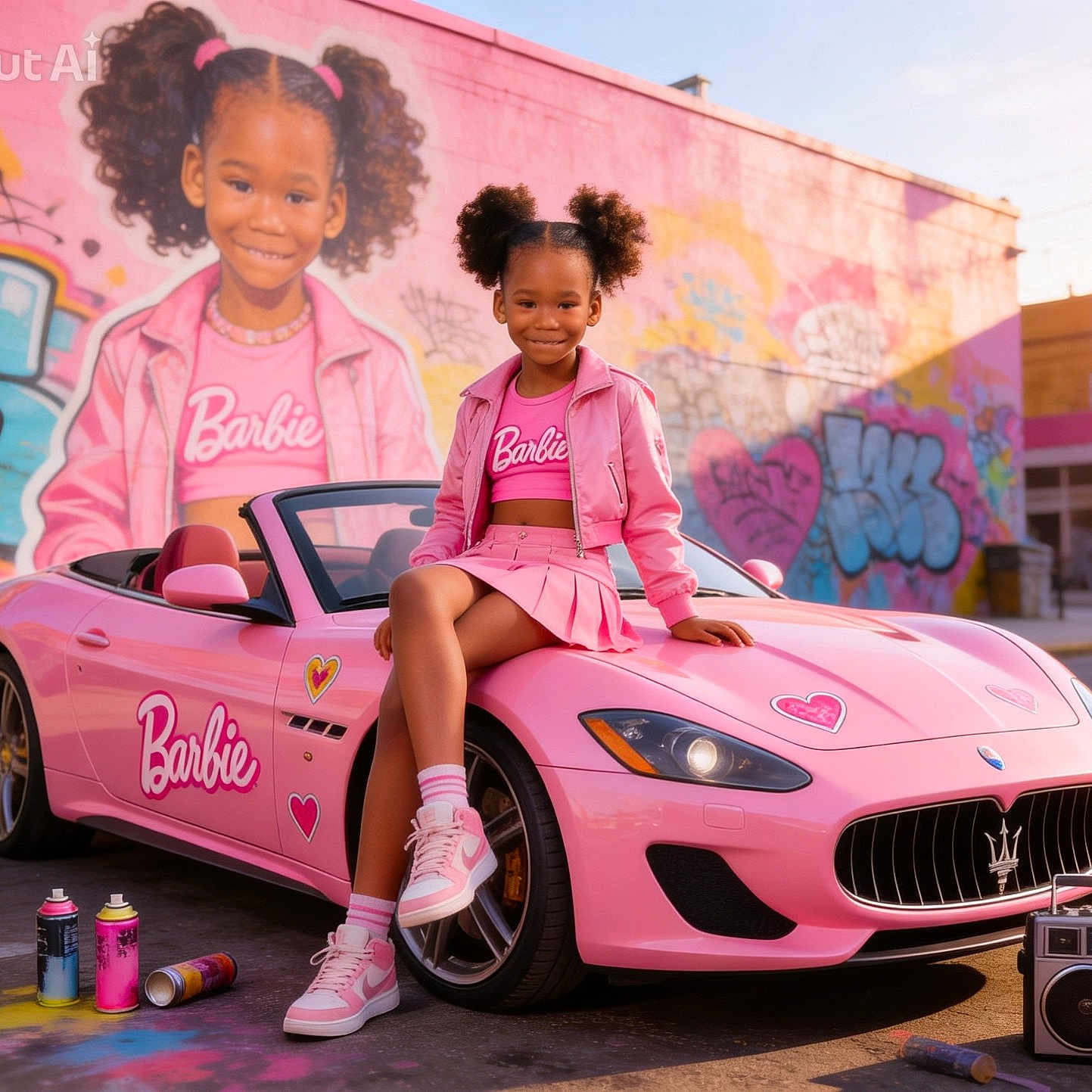 Zi'Sha is registered to the contest to win money with this photo: child, girl, smiling, portrait, outdoor, street, graffiti, pink_car, convertible, barbie, fashion, pink_outfit, jacket, skirt, sneakers, braids, hairstyle, boombox, spray_paint, urban_scene