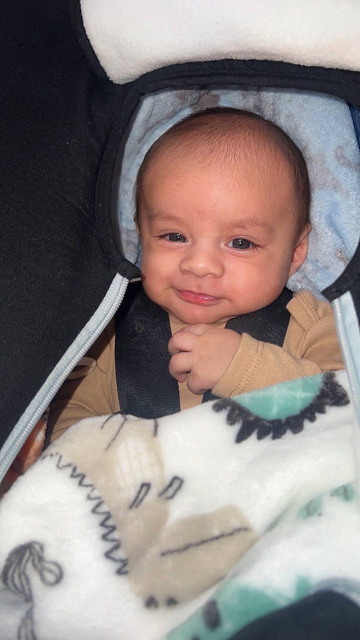 Chase is registered to the contest to win money with this photo: baby, baby_carriage, baby_safety, baby_toddler_clothing, cheek, comfort, eye, eyebrow, eyelash, face, facial_expression, human_body, infant_bed, iris, mouth, nose, outerwear, person, skin, sleeve