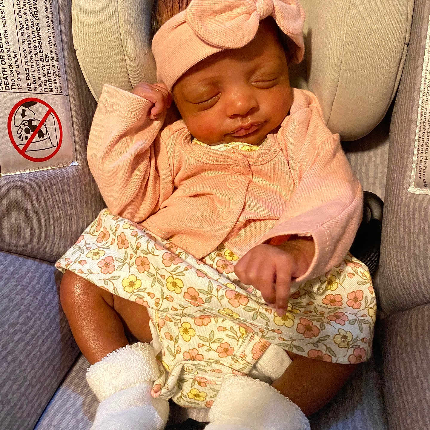 Oaklynn joined the competition — help win amazing prizes! baby, blanket, car, car_interior, carseat, clothing, cushion, face, hat, head, homedecor, hosiery, newborn, person, photography, portrait, sitting, sleeping, sock, transportation