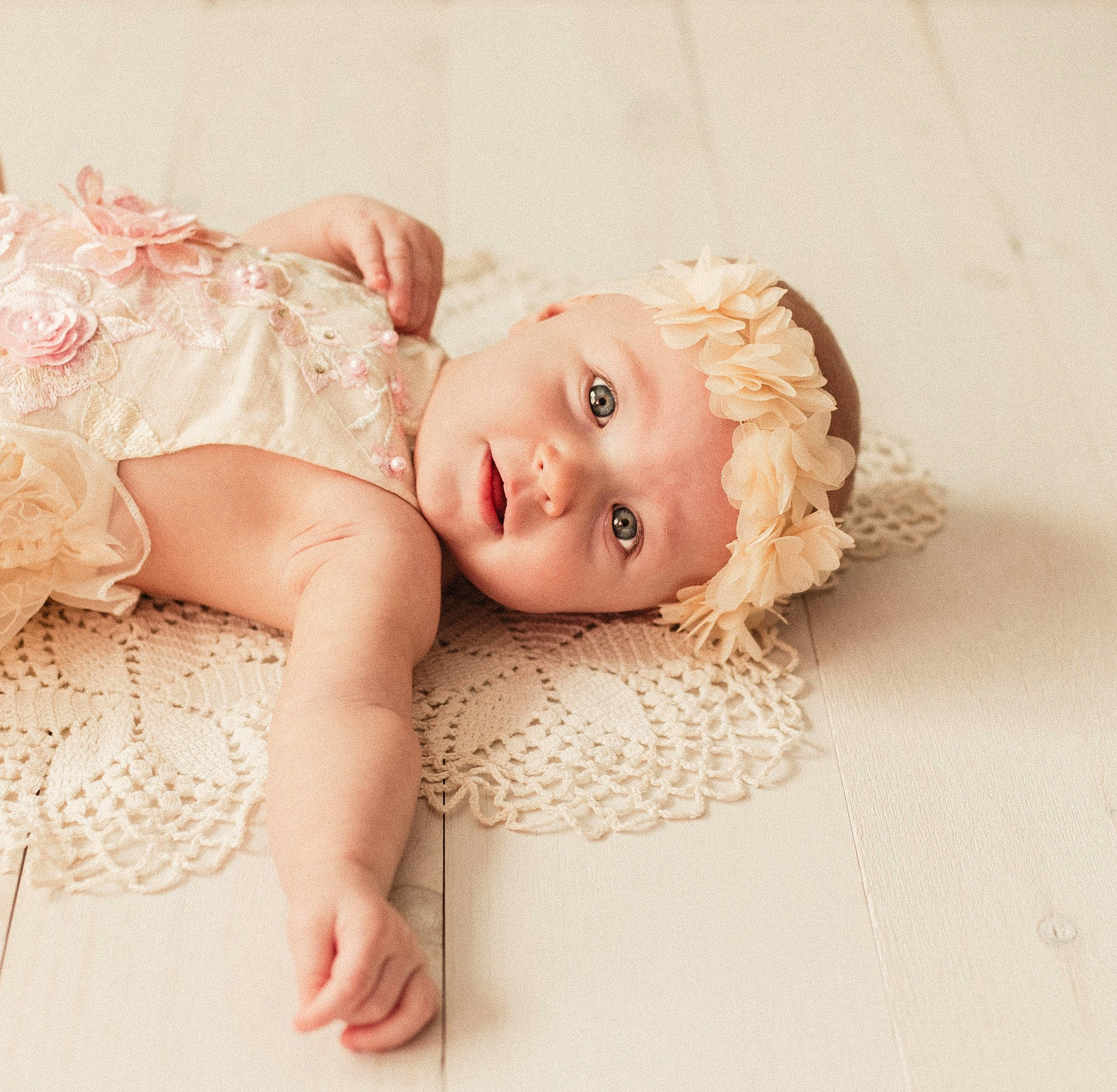 Harper joined the competition — help win amazing prizes! baby, baby_toddler_clothing, dress, embellishment, eye, eyelash, face, flash_photography, happy, head, headgear, headpiece, headwear, iris, lip, person, pink, skin, sleeve, textile