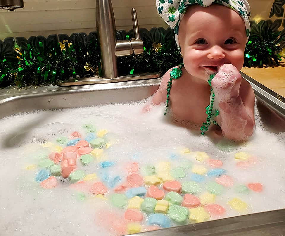 Harper joined the competition — help win amazing prizes! baby, bathing, child, fun, glass, green, happy, indoor_games_and_sports, joy, laugh, leisure, person, photograph, play, post_it_note, product, recreation, smile, sweetness, toddler