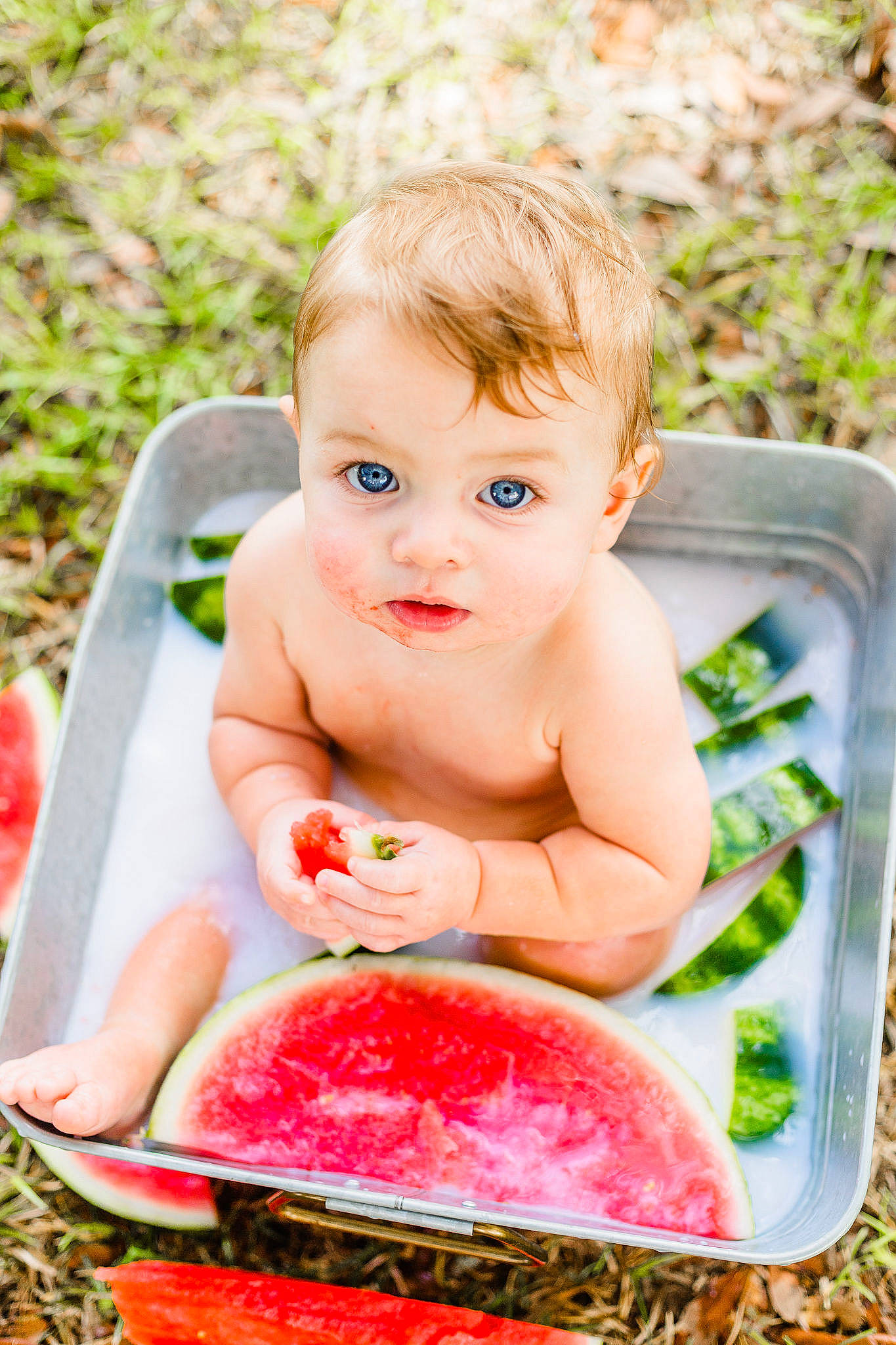 Hudson joined the competition — help win amazing prizes! baby, bathing, child, cuisine, food, fruit, fun, grass, green, happy, ingredient, leisure, natural_foods, people_in_nature, person, photograph, produce, recreation, tableware, toddler
