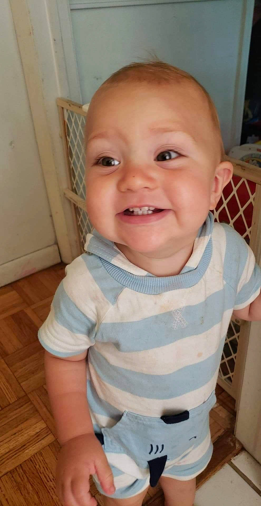 Jacob John joined the competition — help win amazing prizes! baby, baby_products, baby_toddler_clothing, cheek, child, chin, face, facial_expression, head, joy, laugh, lip, mouth, nose, person, product, skin, smile, standing, toddler