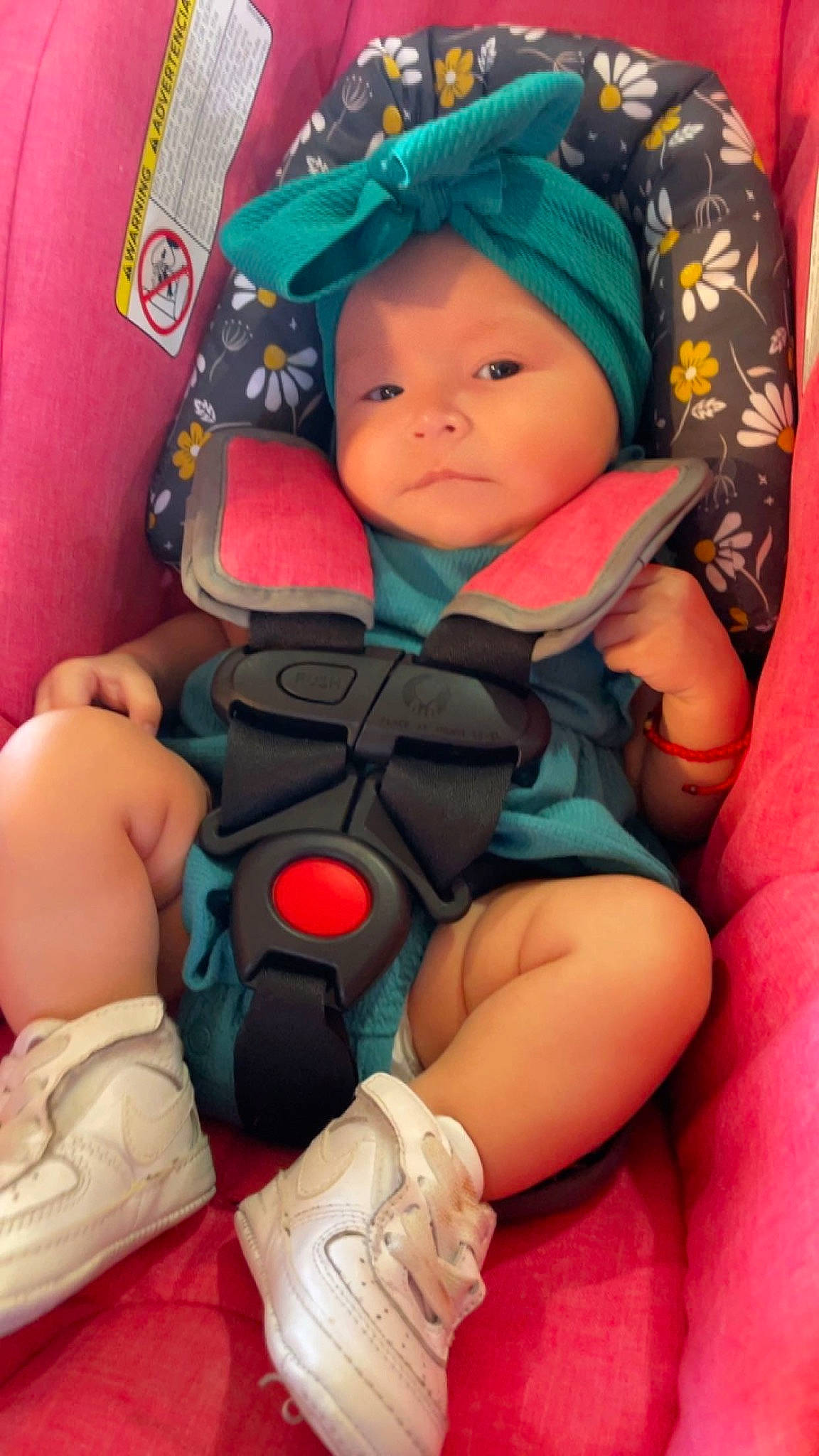 Melina is registered to the contest to win money with this photo: baby, baby_carriage, baby_in_car_seat, baby_products, baby_safety, baby_sleeping, baby_toddler_clothing, car_seat, cheek, child, comfort, finger, fun, hand, headwear, mouth, nail, person, sitting, skin