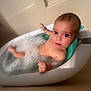 baby, bath, bubbles, foam, tub, water, child, skin, face, head, expression, indoor, relaxing, small, cute, curious, sitting, clean, young, infant