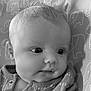 Jaxon is registered to the contest to win money with this photo: baby, infant, face, eyes, clothing, blanket, pattern, elephant, balloon, cute, portrait, newborn, child, monochrome, black_and_white, soft, young, close_up, expression, indoors
