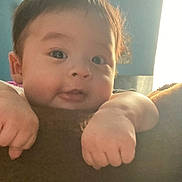 Thomas joined the competition — help win amazing prizes! baby, teddy_bear, child, soft_toy, indoor, curious, cute, chubby_cheeks, light, window, face, hands, plush, portrait, young_child, home, furniture, skin, expression, person