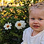 toddler, child, blonde_hair, blue_eyes, white_dress, lace, flowers, garden, outdoor, nature, greenery, portrait, cute, pigtails, young_child, plant, blooming, face, innocence, sunlight