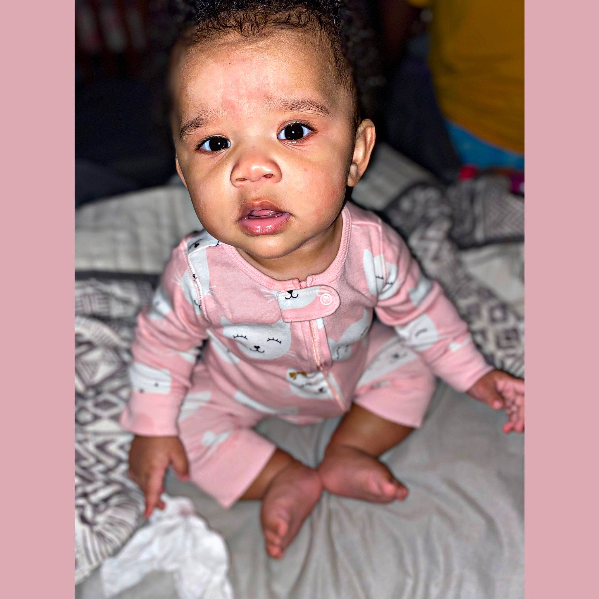 Cleo joined the competition — help win amazing prizes! baby, beauty, cheek, child, child_model, chin, eye, face, forehead, head, human, iris, lip, nose, outerwear, person, pink, sitting, skin, smile