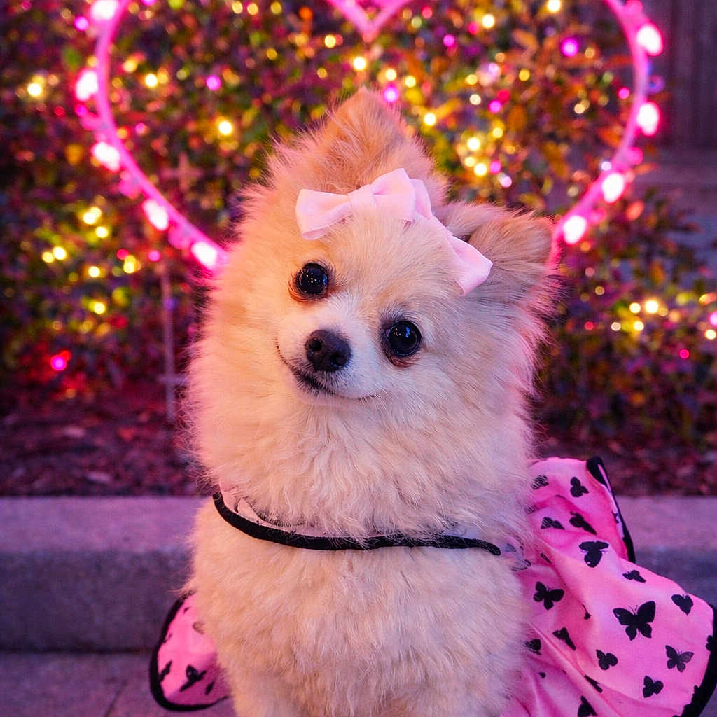 Amina is registered to the contest to win money with this photo: big_eyes, bokeh_lights, bow, butterfly_pattern, costume, cute, dog, dress, evening, festive_lights, fluffy, fur, heart_lights, outdoor, pet_portrait, pink_bow, pomeranian, posing, sidewalk, small_dog