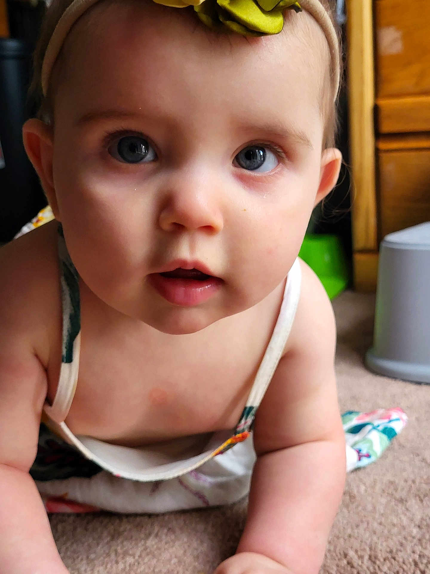 Anastasia joined the competition — help win amazing prizes! baby, child, crawling, indoor, carpet, face, headband, blue_eyes, curious, closeup, skin, infant, person, floor, clothing, arm, expression, home, young, portrait