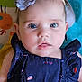 Anastasia is registered to the contest to win money with this photo: baby, child, portrait, face, headband, blue_eyes, dress, patterned_clothing, closeup, infant, cute, indoor, colorful_background, fabric_flower, curious_expression, person, human, soft_light, sitting, young