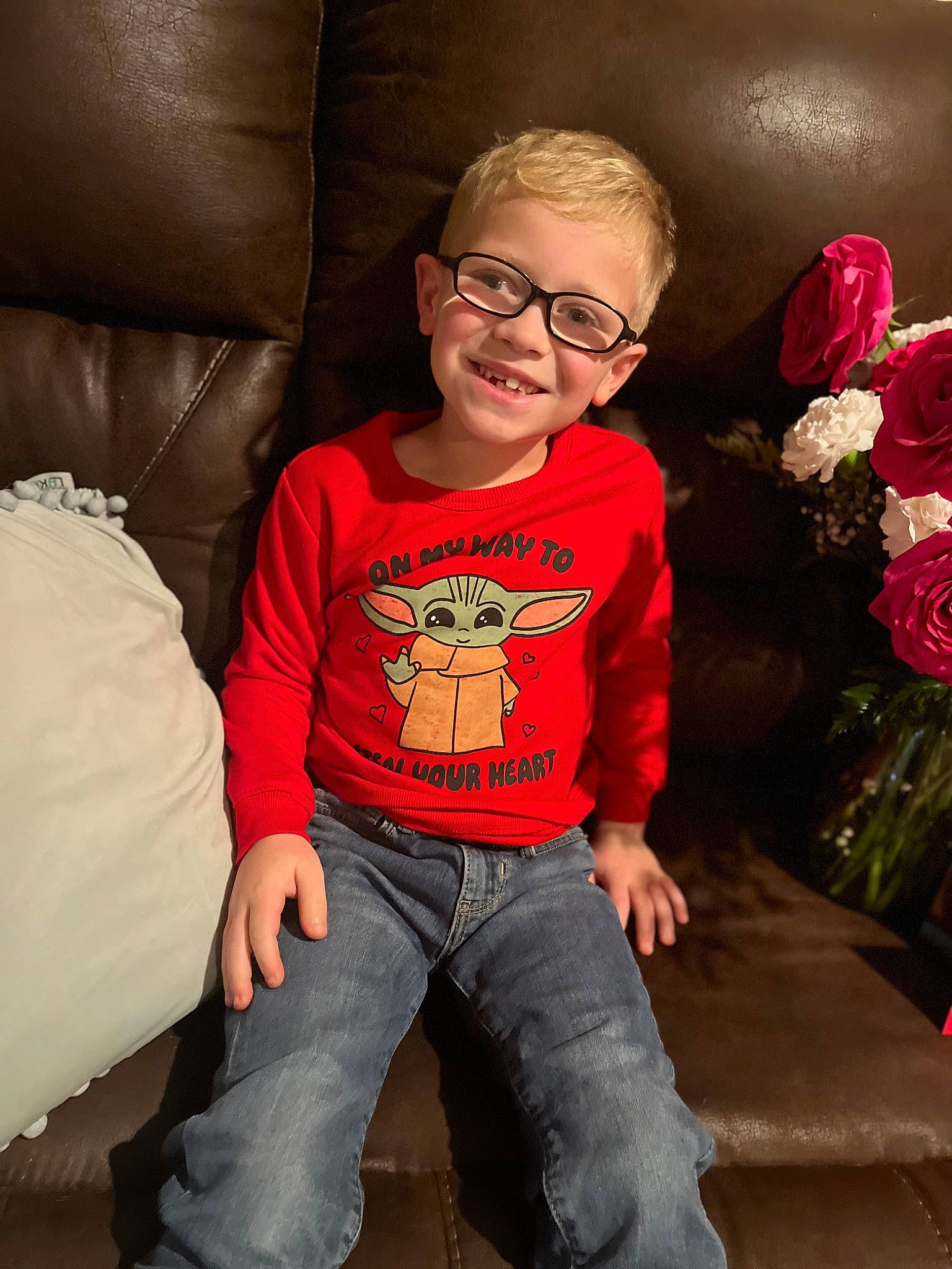 Rayge joined the competition — help win amazing prizes! comfort, eyewear, flash_photography, fun, glasses, happy, jeans, joy, lap, mouth, person, plant, rose, sleeve, smile, t_shirt, textile, thigh, toddler, trunk