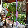 concrete, curious, decoration, dog, flowers, garden, greenery, hanging_decoration, leaves, metal_bird, nature, ornament, outdoor, plants, puppy, purple, rock, shaded_area, small_dog, sunlight