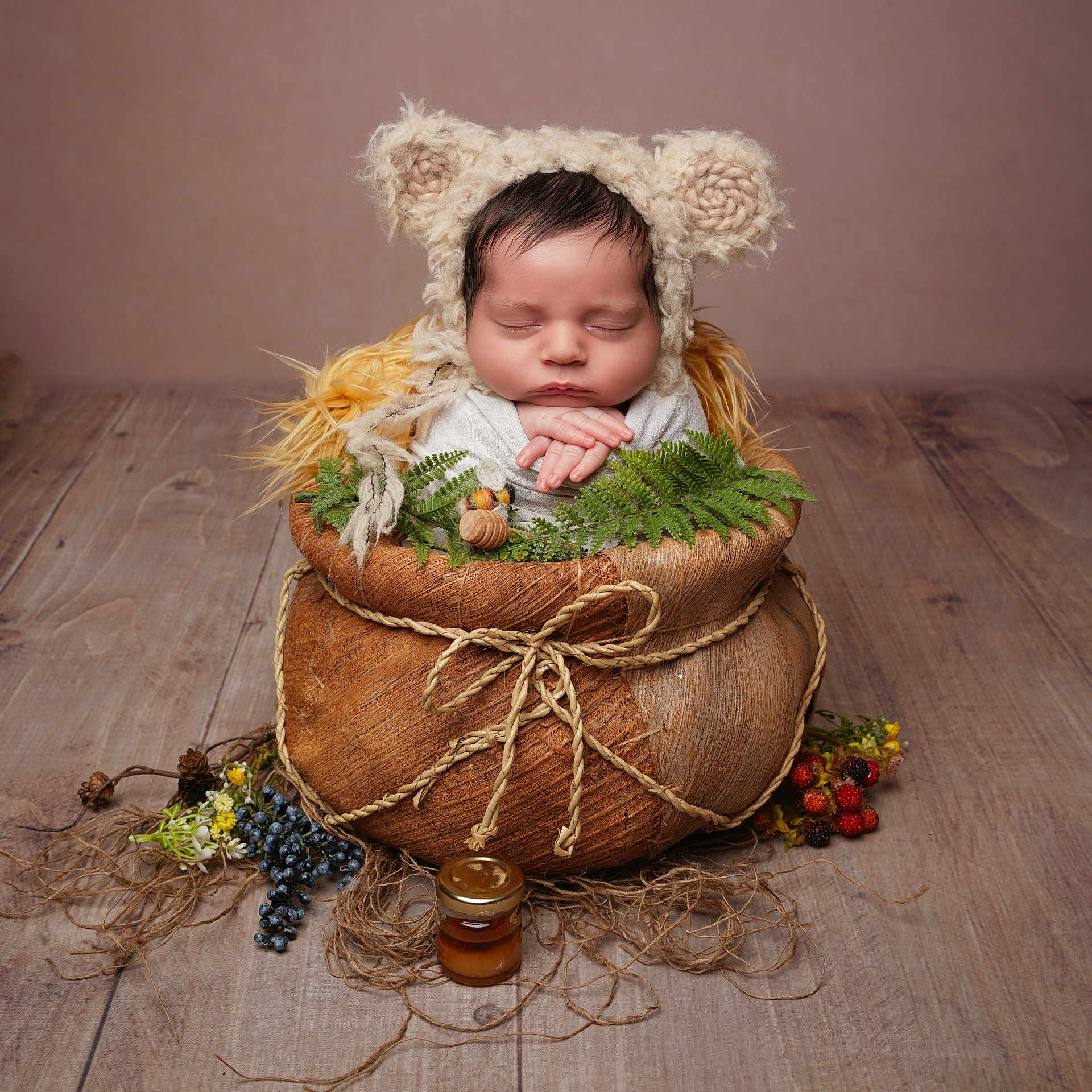 Ricardo joined the competition — help win amazing prizes! baby, basket, bear_ears, berries, cozy, cute, decor, ferns, flowers, greenery, indoors, knitted_hat, natural, newborn, portrait, resting, sleeping, soft_lighting, wood_floor, wrapped