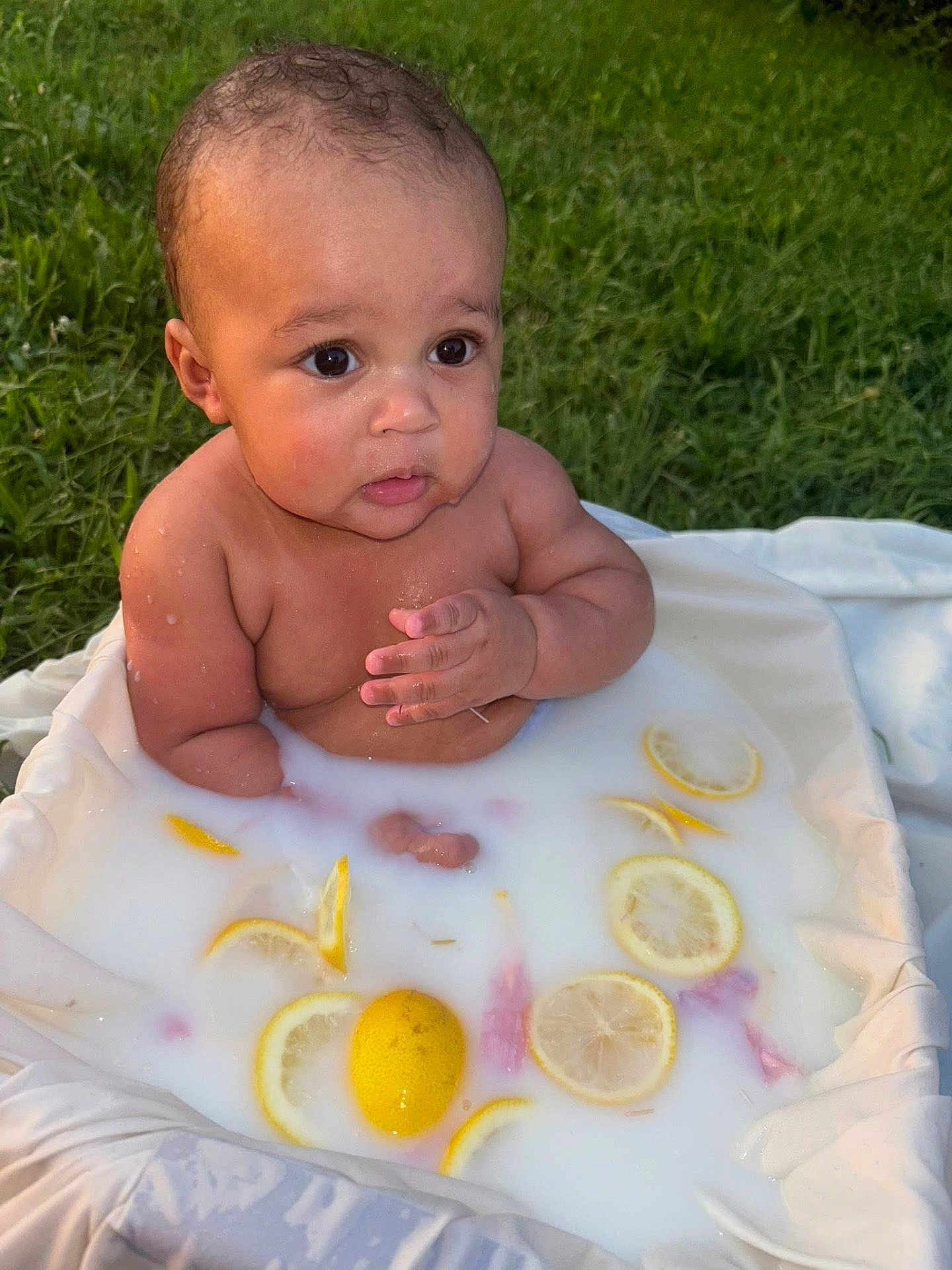 Wysdom is registered to the contest to win money with this photo: baby, milk_bath, lemon, outdoor, grass, water, child, infant, skin, citrus, sitting, summer, cute, nature, fresh, relaxation, healthy, clean, portrait, daylight