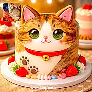 Gizmo joined the competition — help win amazing prizes! blurred_background, cake, cartoon_cat, cat_cake, celebration, colorful, cute, dessert, food, green_eyes, heart_candies, inset_photo, pastry, real_cat, red_collar, strawberries, sweet, tablecloth, warm_lighting, whimsical