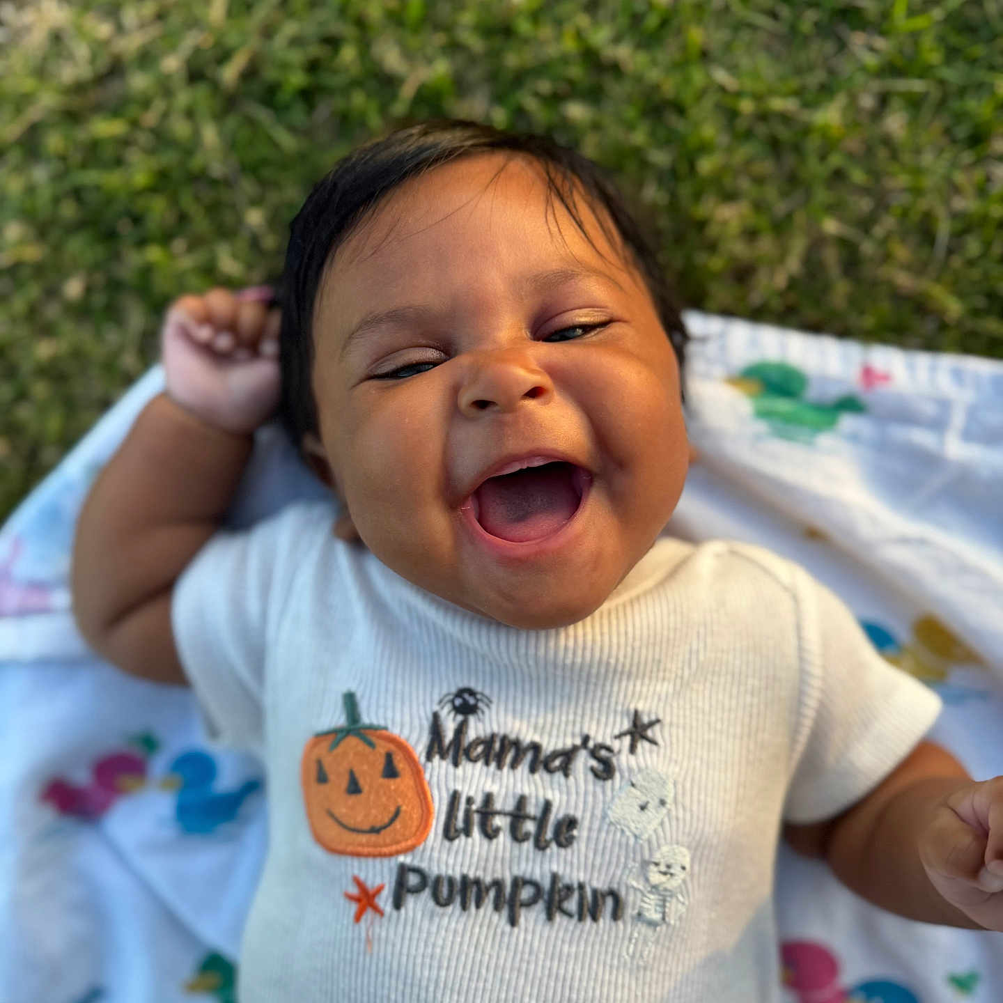 Raelynn is registered to the contest to win money with this photo: baby, babywear, blanket, child, clothing, cute, fun, grass, happy, infant, joyful, laughter, nature, outdoor, person, portrait, pumpkin, shirt, smiling, toddler
