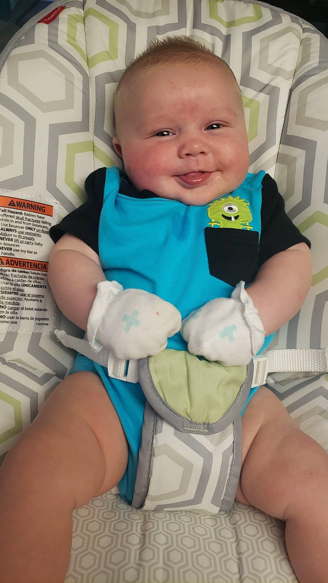 Greyson is registered to the contest to win money with this photo: abdomen, aqua, azure, baby, baby_products, baby_toddler_clothing, cheek, child, comfort, finger, happy, muscle, organ, person, skin, sleeve, smile, textile, thigh, thumb