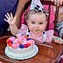 Oakley joined the competition — help win amazing prizes! baby, birthday_cake, high_chair, party_hat, pink, frosting, messy, celebration, first_birthday, child, blue_eyes, smile, hand, face, wooden_chair, colorful, food, cake, festive