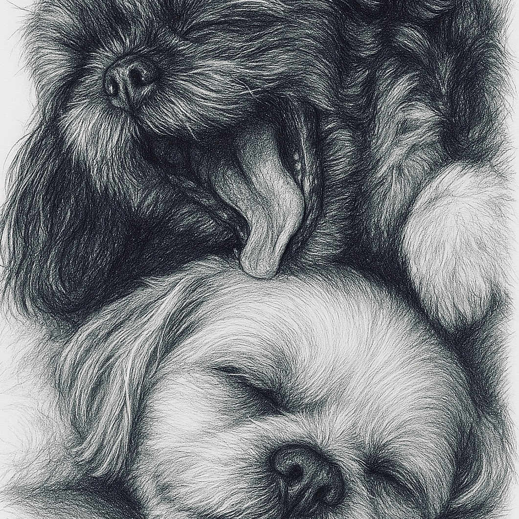 Kobi And Izzy joined the competition — help win amazing prizes! adorable, animal, black_and_white, calm, close_up, cute, dog, drawing, fluffy, friendship, fur, peaceful, pencil_sketch, pet, portrait, resting, sleeping, snuggling, tongue_out, yawning
