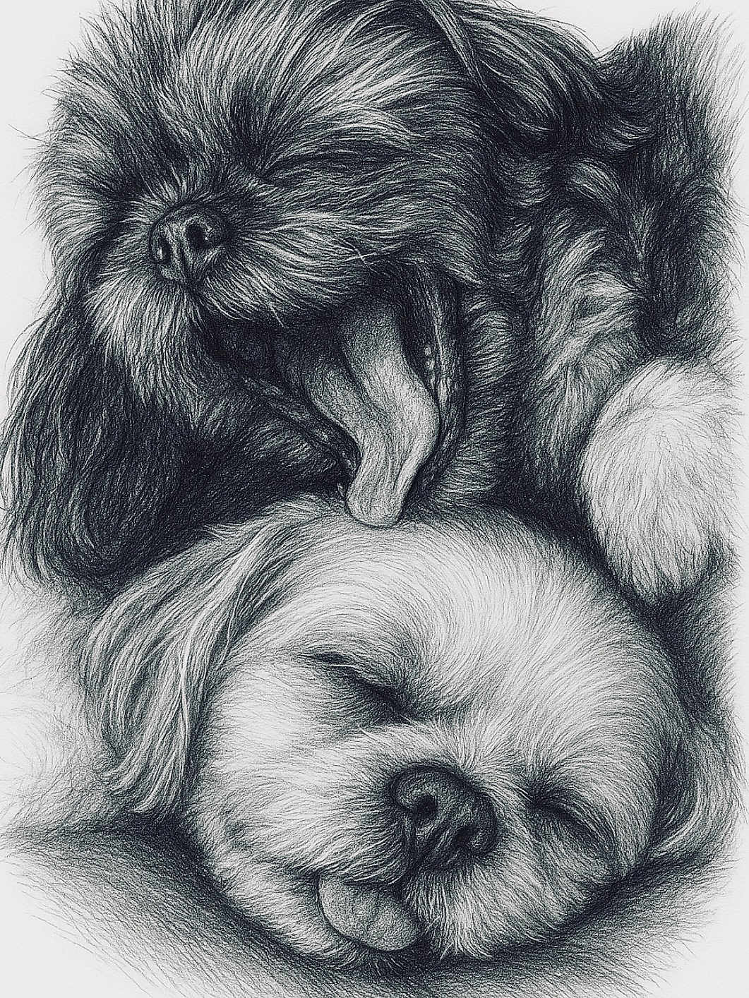 Kobi And Izzy joined the competition — help win amazing prizes! dog, drawing, pencil_sketch, black_and_white, fluffy, sleeping, yawning, cute, adorable, pet, animal, fur, tongue_out, close_up, portrait, resting, friendship, calm, peaceful, snuggling