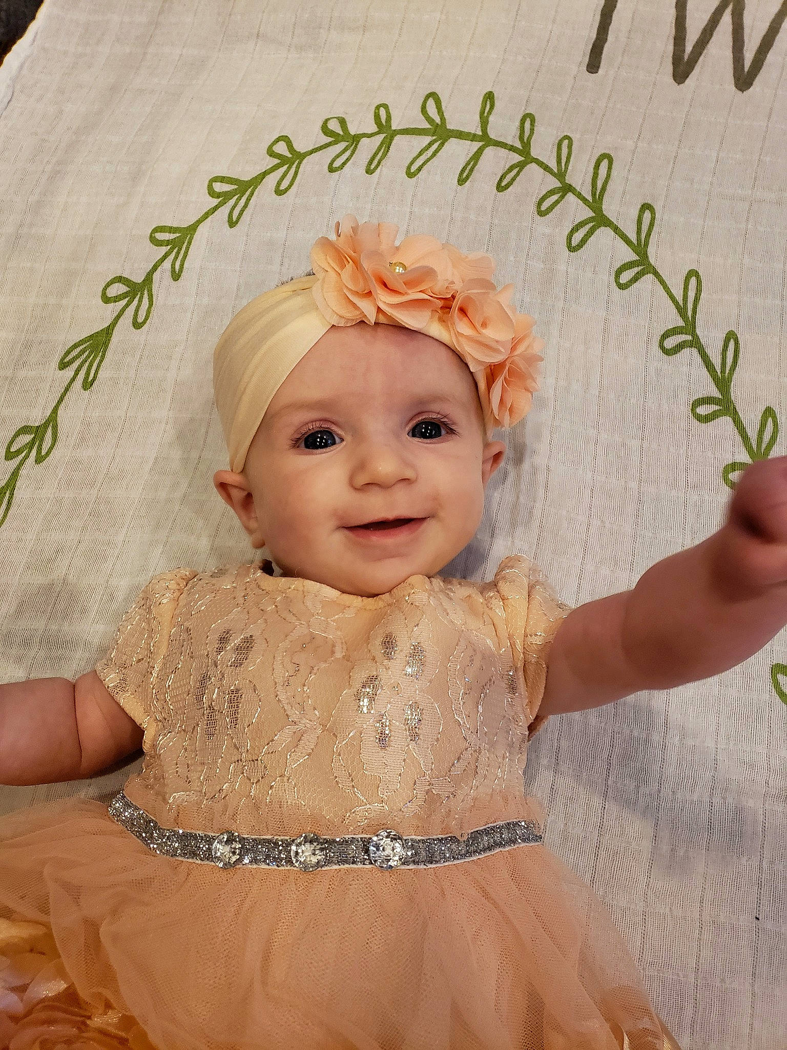 Josephine joined the competition — help win amazing prizes! baby, baby_toddler_clothing, child, child_model, costume_accessory, dress, fashion_accessory, hair_accessory, headband, headgear, headpiece, headwear, pattern, person, textile, toddler