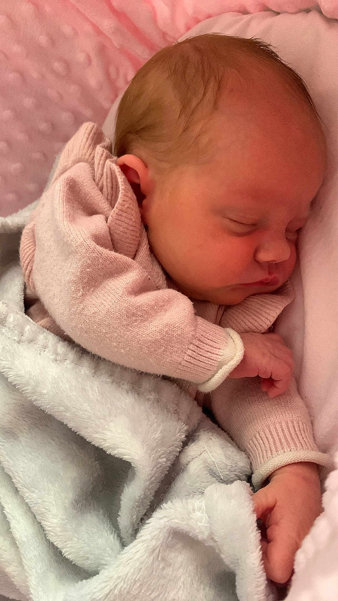 Amelia joined the competition — help win amazing prizes! newborn, baby, sleeping, blanket, pink, soft, cozy, infant, child, cute, peaceful, warm, portrait, closeup, clothing, resting, indoors, toddler, head, hand